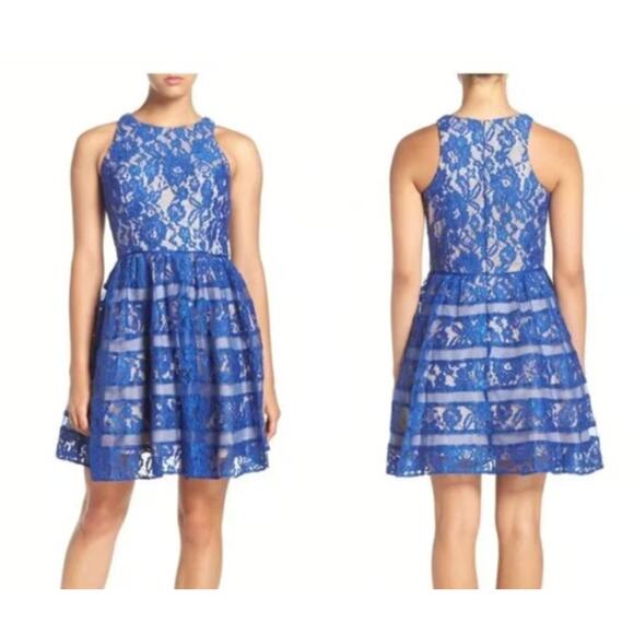 Aidan Mattox Dress Womens 6 Blue Lace Cocktail Fit Flare Sleeveless Party - Picture 1 of 8